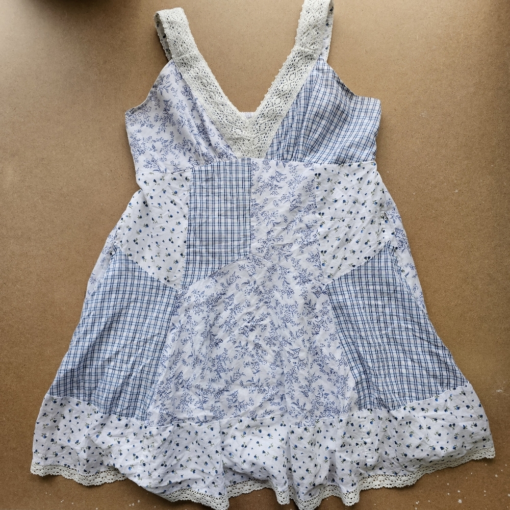 White & Light Blue Patchwork Lace-Trim Sundress - Picture 8 of 14